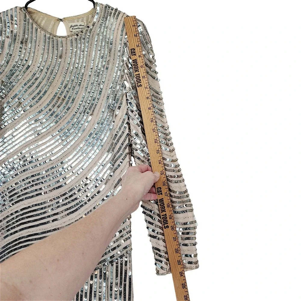 Judith Ann Creations Dress XS Women Silver Sequin Silk Long Sleeve Midi Vtg READ